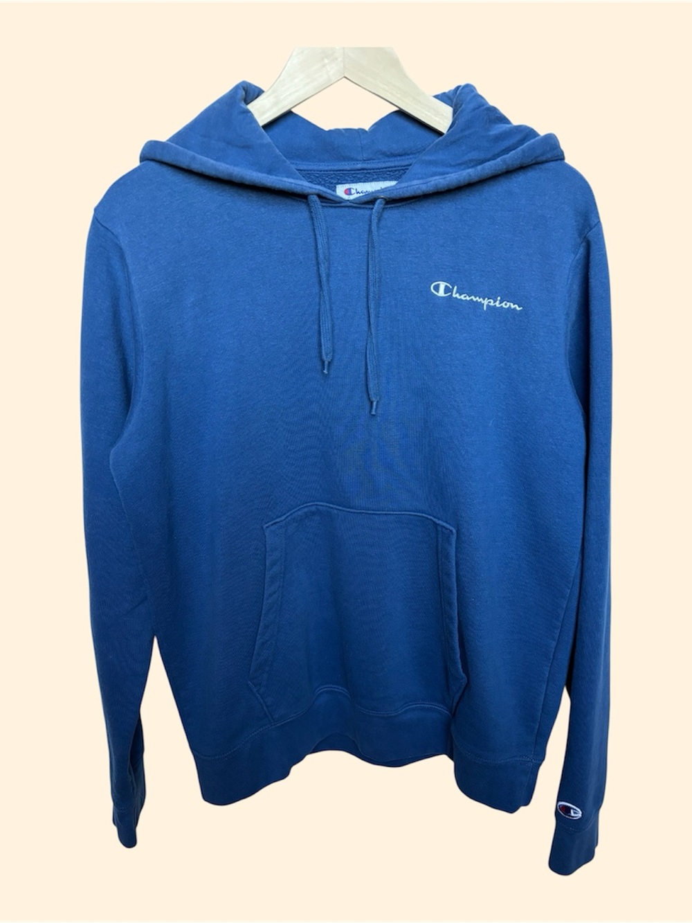 Champion Men's Blue Crewneck Hoodie with Script Logo size M
